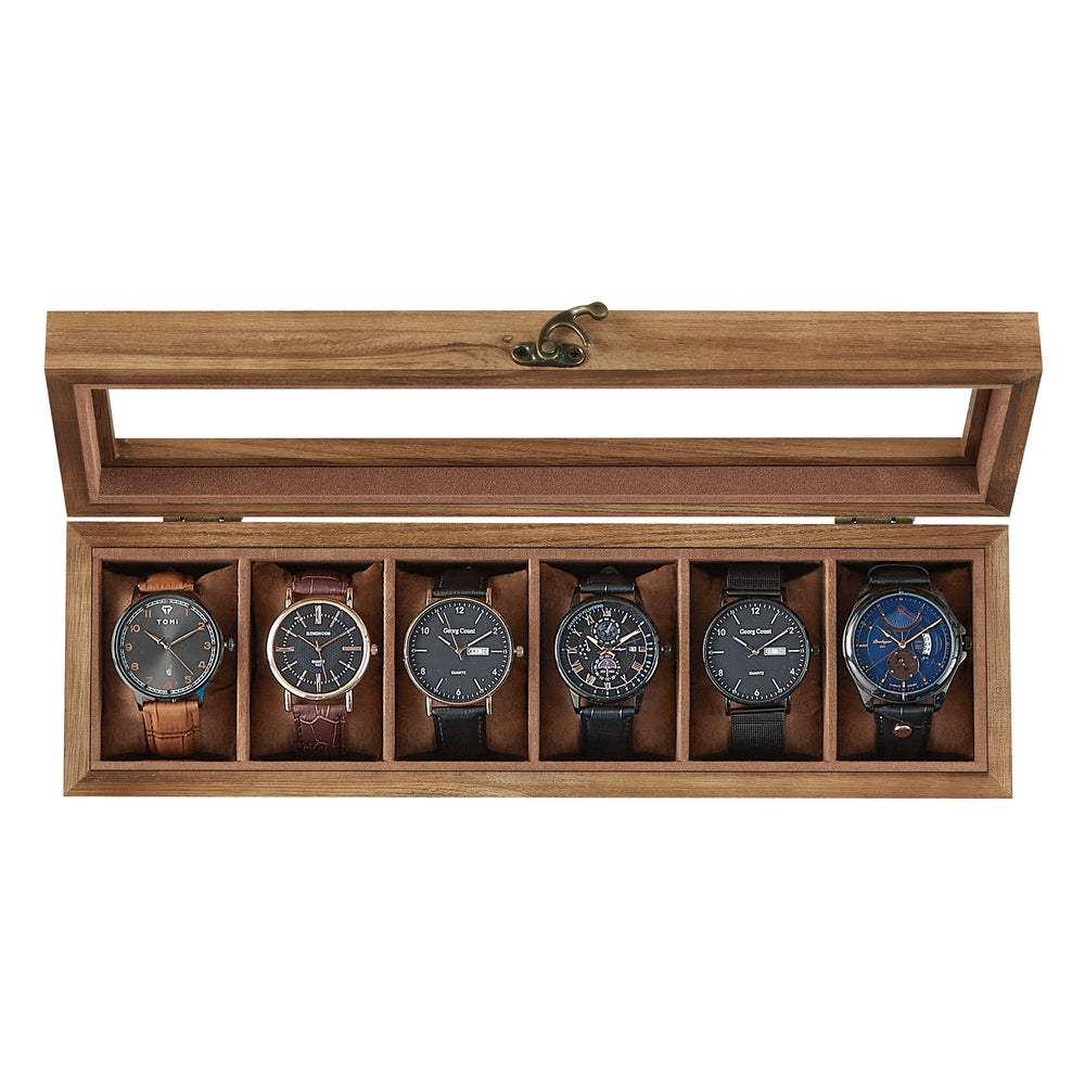10-Slot Solid Wood Watch Box with Glass Lid - Rustic Walnut - 4"D x 13.8"W x 3.4"H