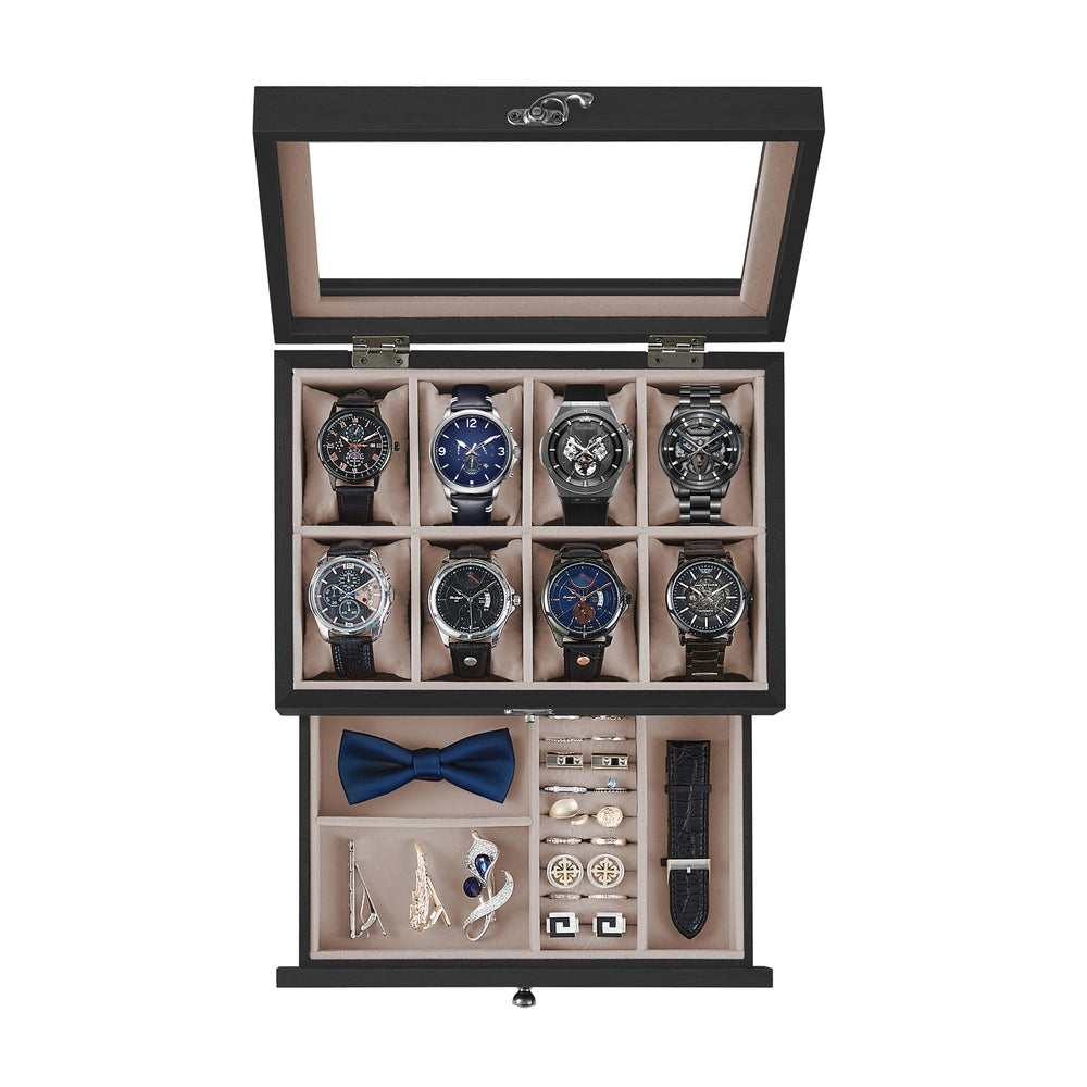 8-Slot Watch Box with Large Glass Lid - Ebony Black - 7.5"D x 10.6"W x 4.9"H