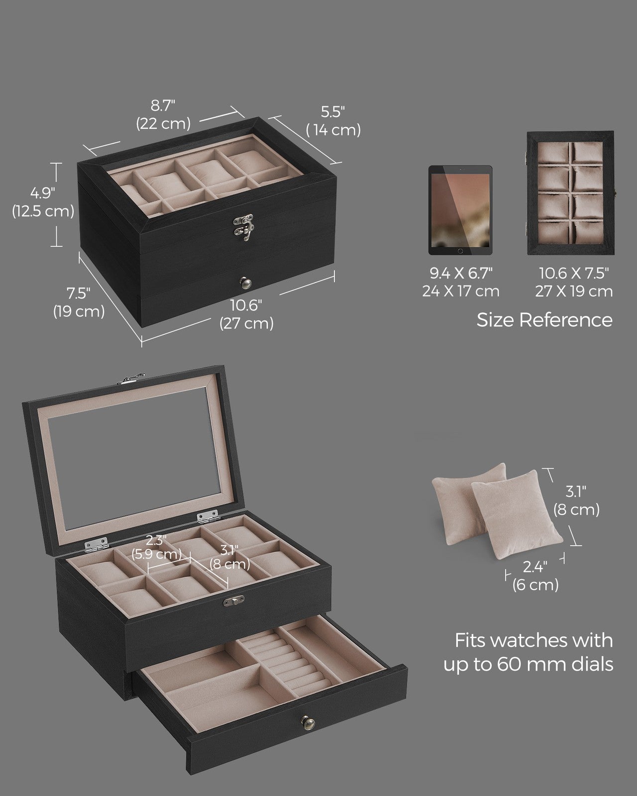 8-Slot Watch Box with Large Glass Lid - Ebony Black