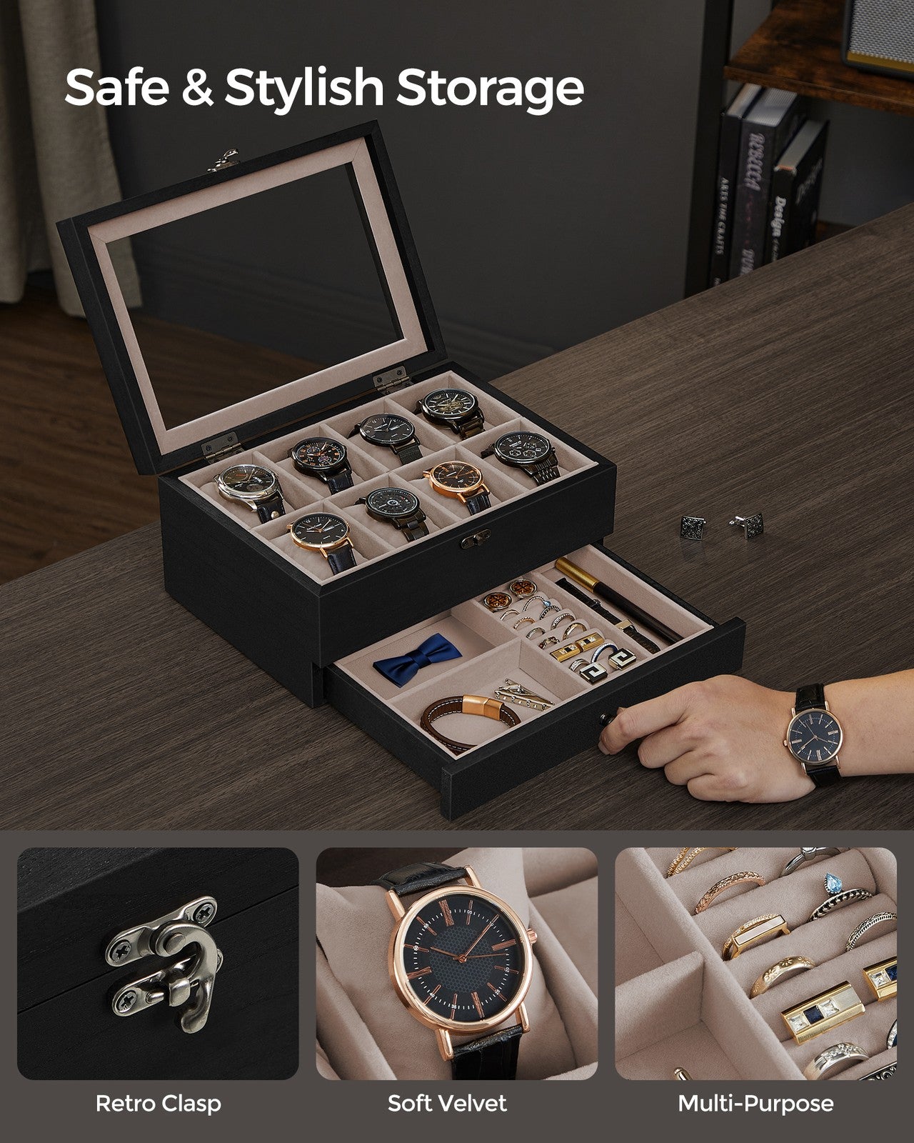 8-Slot Watch Box with Large Glass Lid - Ebony Black
