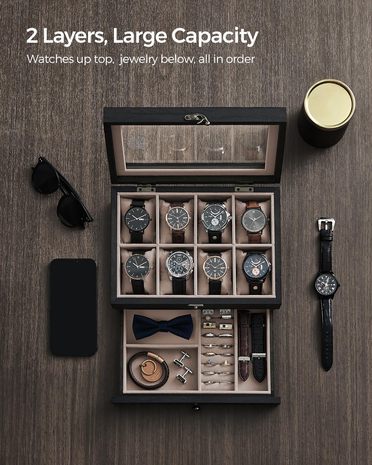 8-Slot Watch Box with Large Glass Lid - Ebony Black