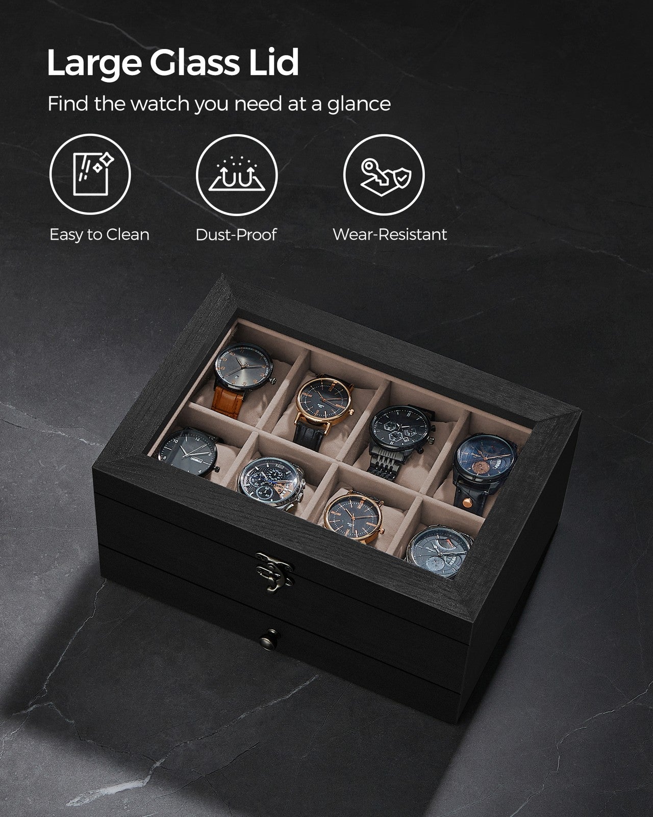 8-Slot Watch Box with Large Glass Lid - Ebony Black