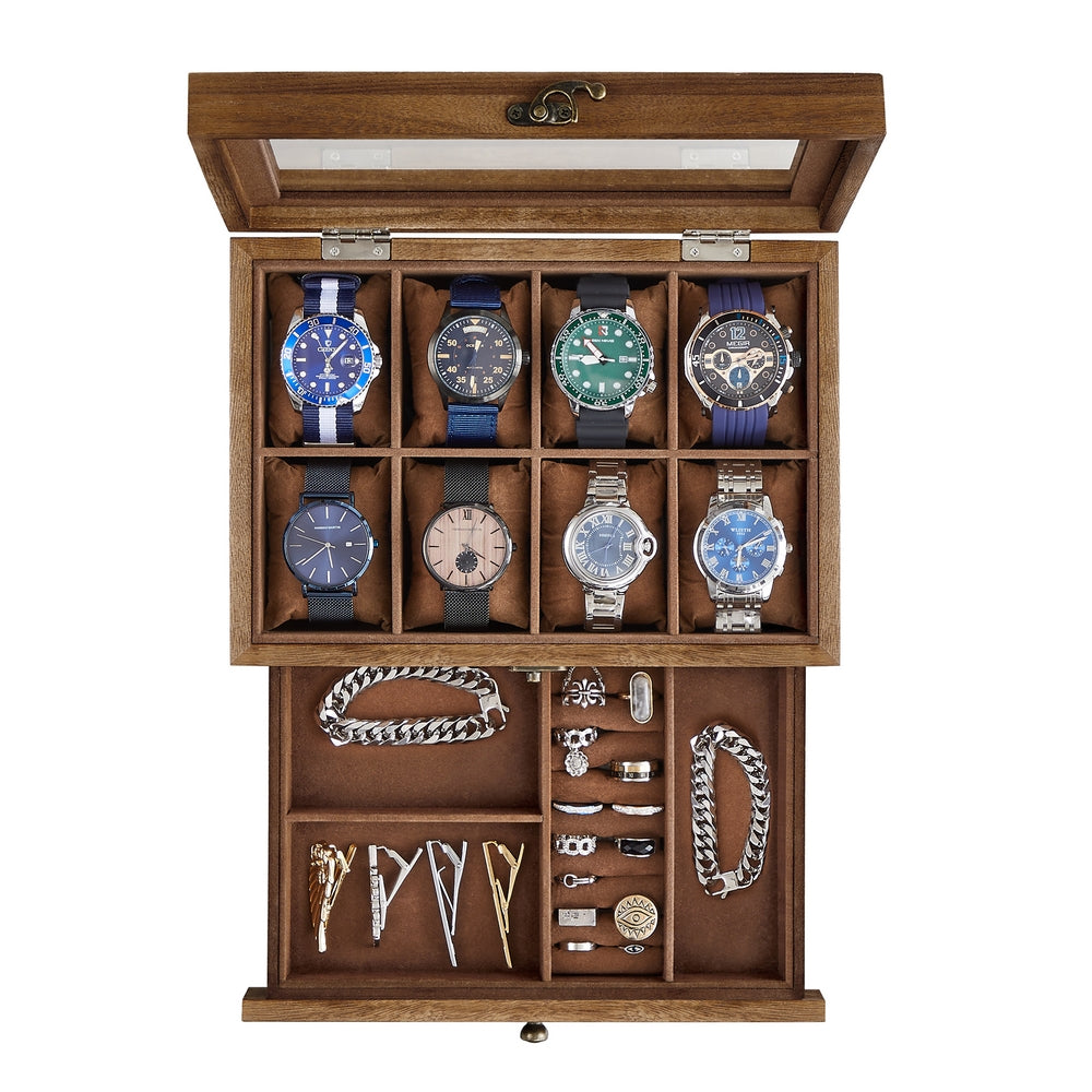 8-Slot Watch Box with Large Glass Lid - Rustic Walnut - 7.5”D x 10.6”W x 4.9”H