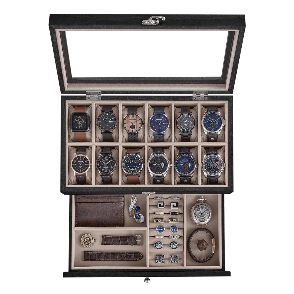 8-Slot Watch Box with Large Glass Lid - Ebony Black - 7.5"D x 13.4"W x 4.9"H