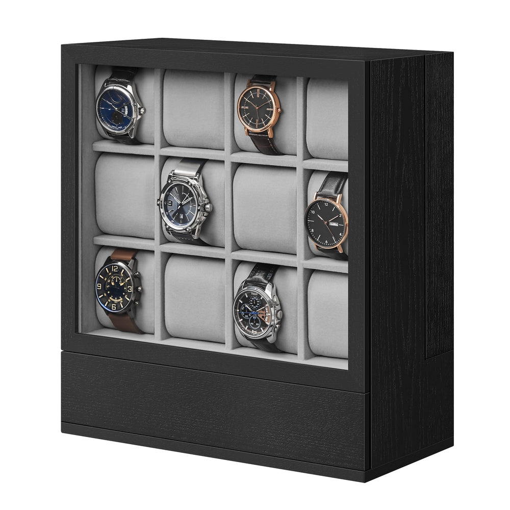 12-Slot Wooden Watch Box - Ebony Black