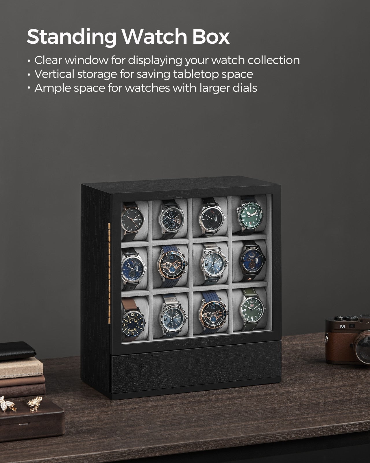 12-Slot Wooden Watch Box - Ebony Black