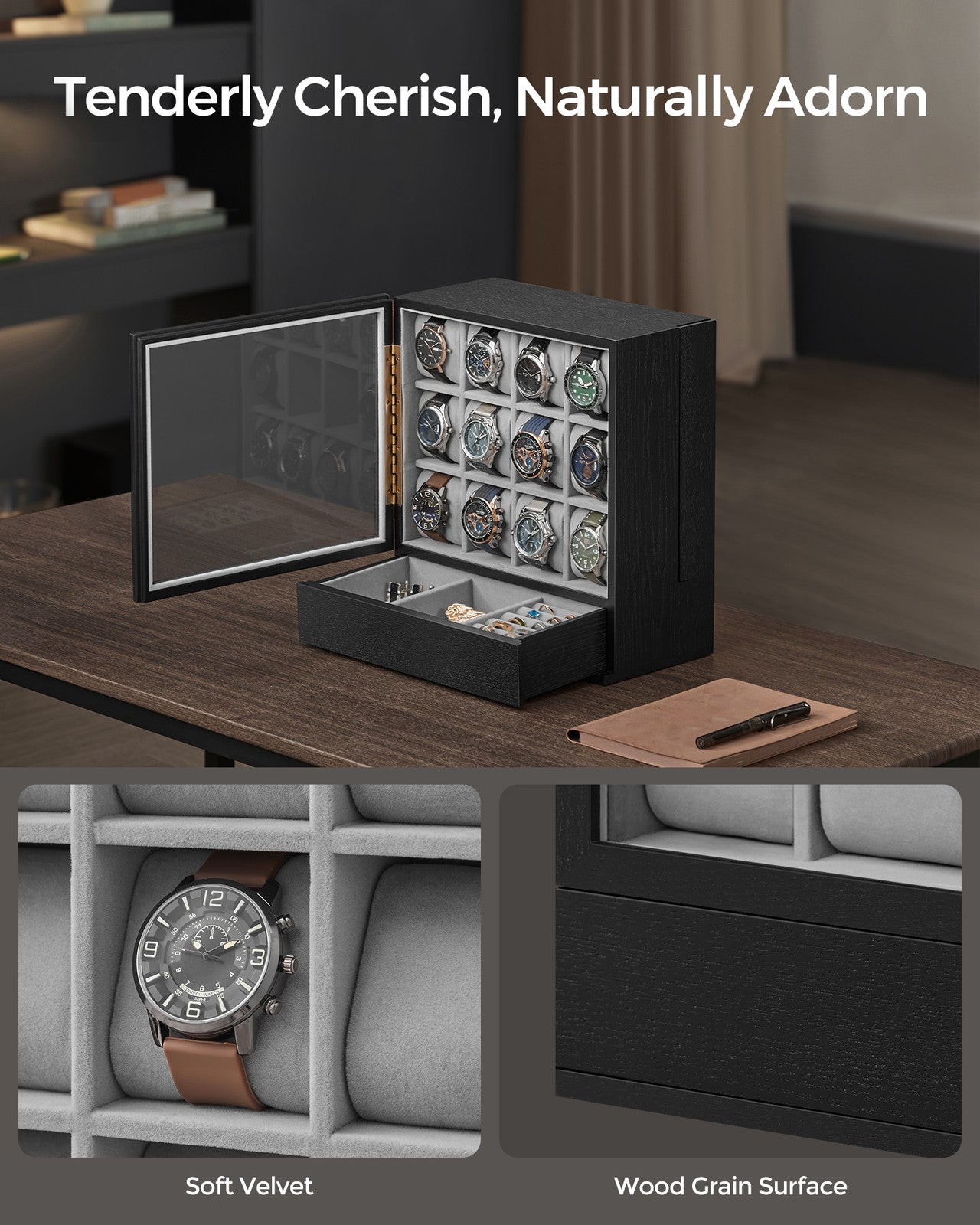 12-Slot Wooden Watch Box - Ebony Black