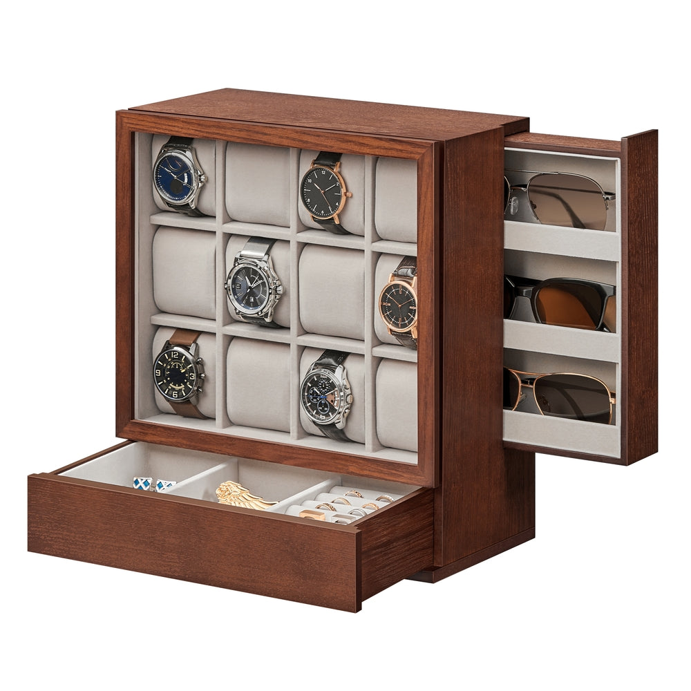 12-Slot Wooden Watch Box - Coffee Brown
