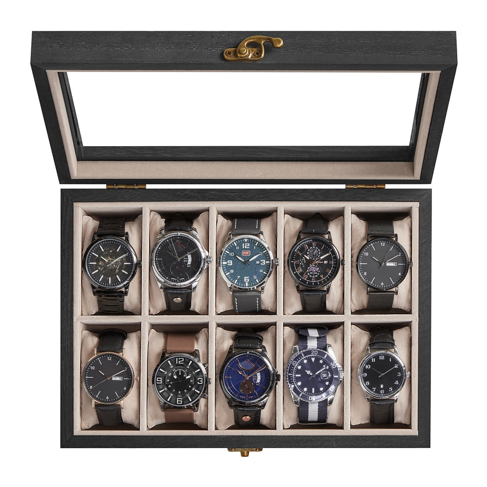 10-Slot Solid Wood Watch Box with Glass Lid - Ebony Black - 8.1"D x 11.4"W x 3.3"H