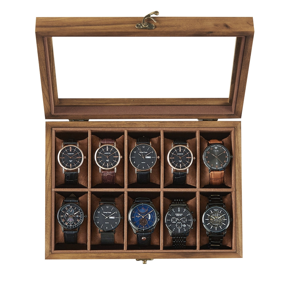 10-Slot Solid Wood Watch Box with Glass Lid - Rustic Walnut - 8.1"D x 11.4"W x 3.3"H