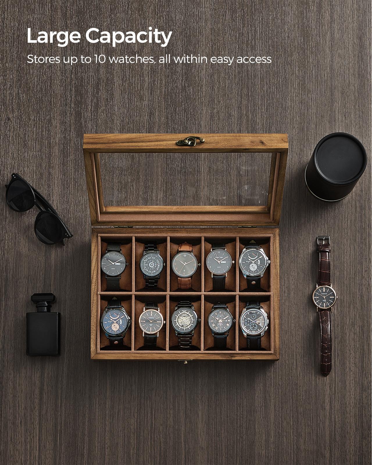10-Slot Solid Wood Watch Box with Glass Lid - Rustic Walnut