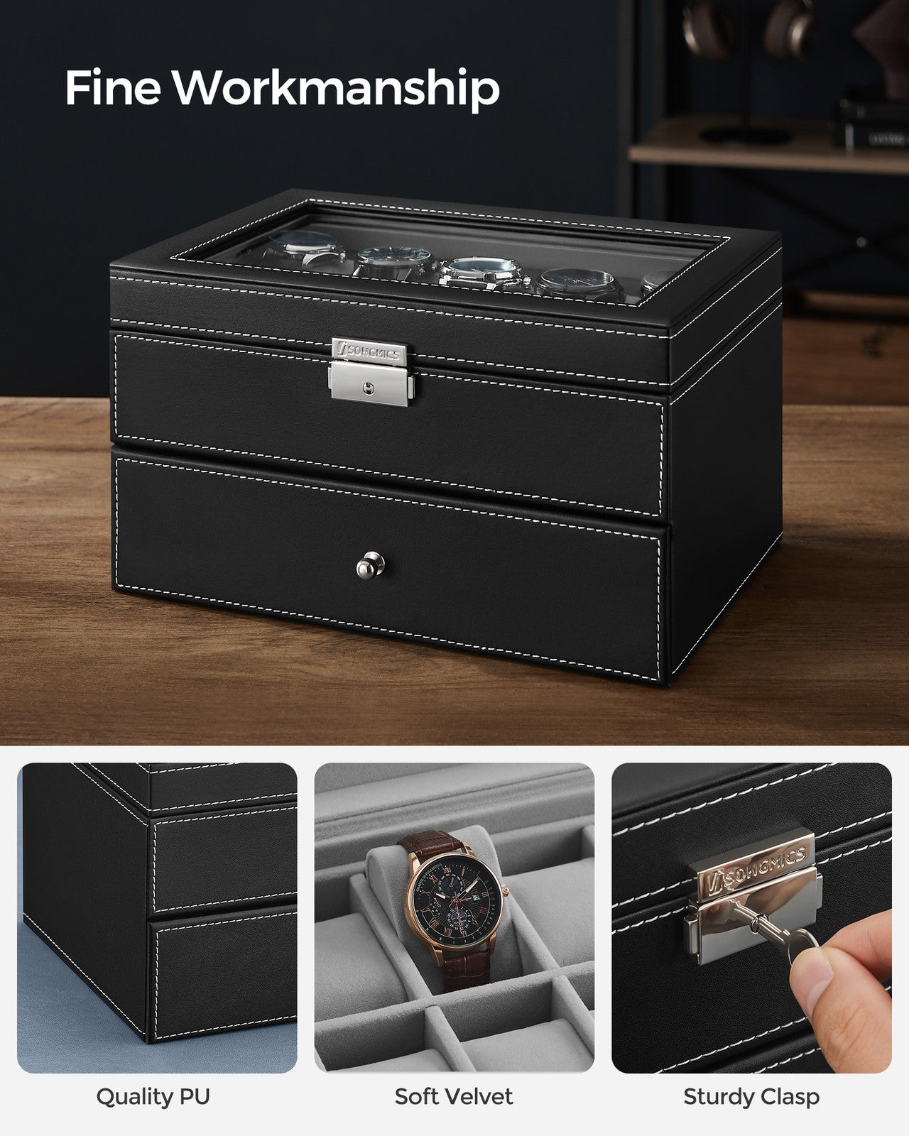 20-Slot Watch Box with Glass Lid - Black Synthetic Leather, Gray Lining