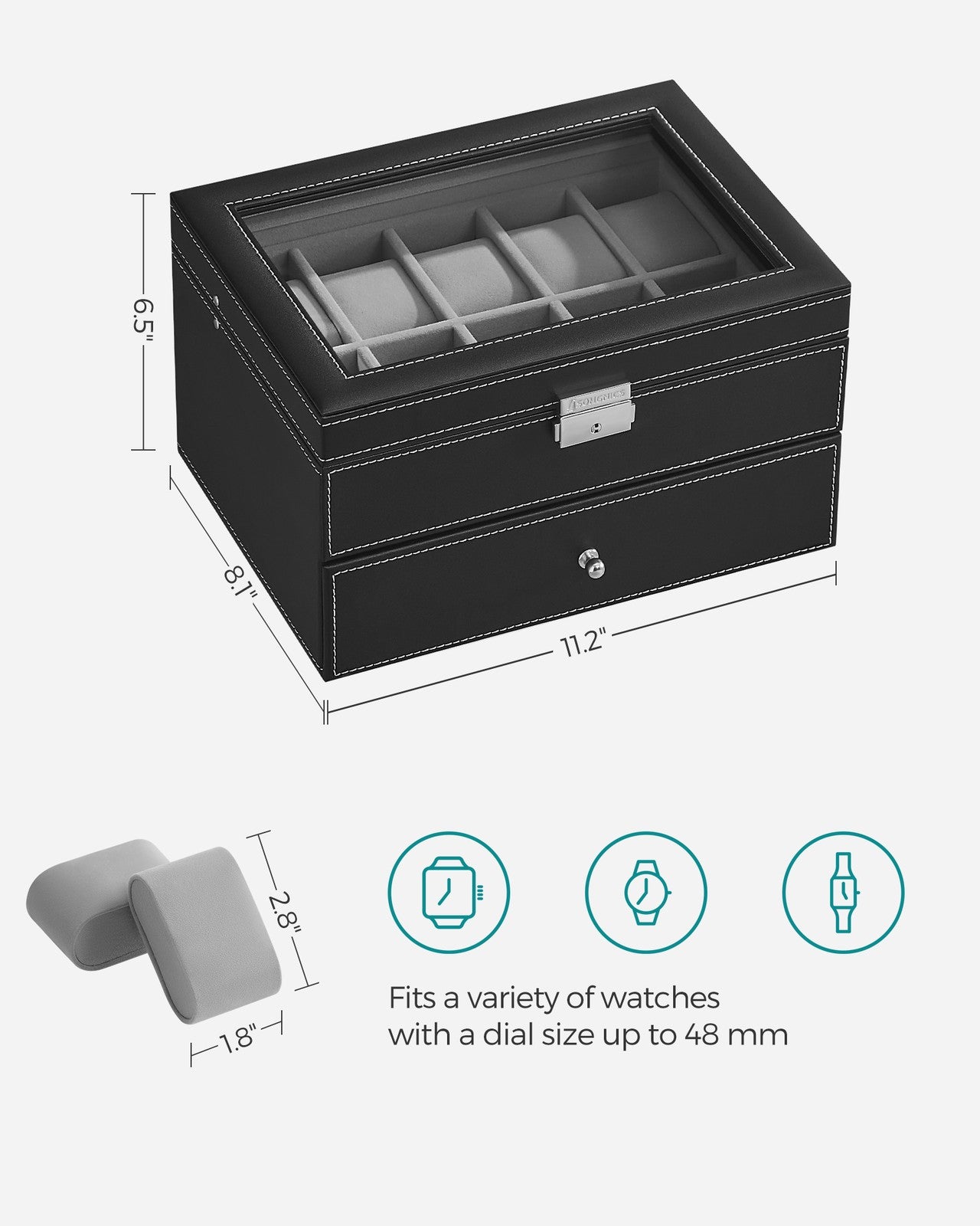 20-Slot Watch Box with Glass Lid - Black Synthetic Leather, Gray Lining