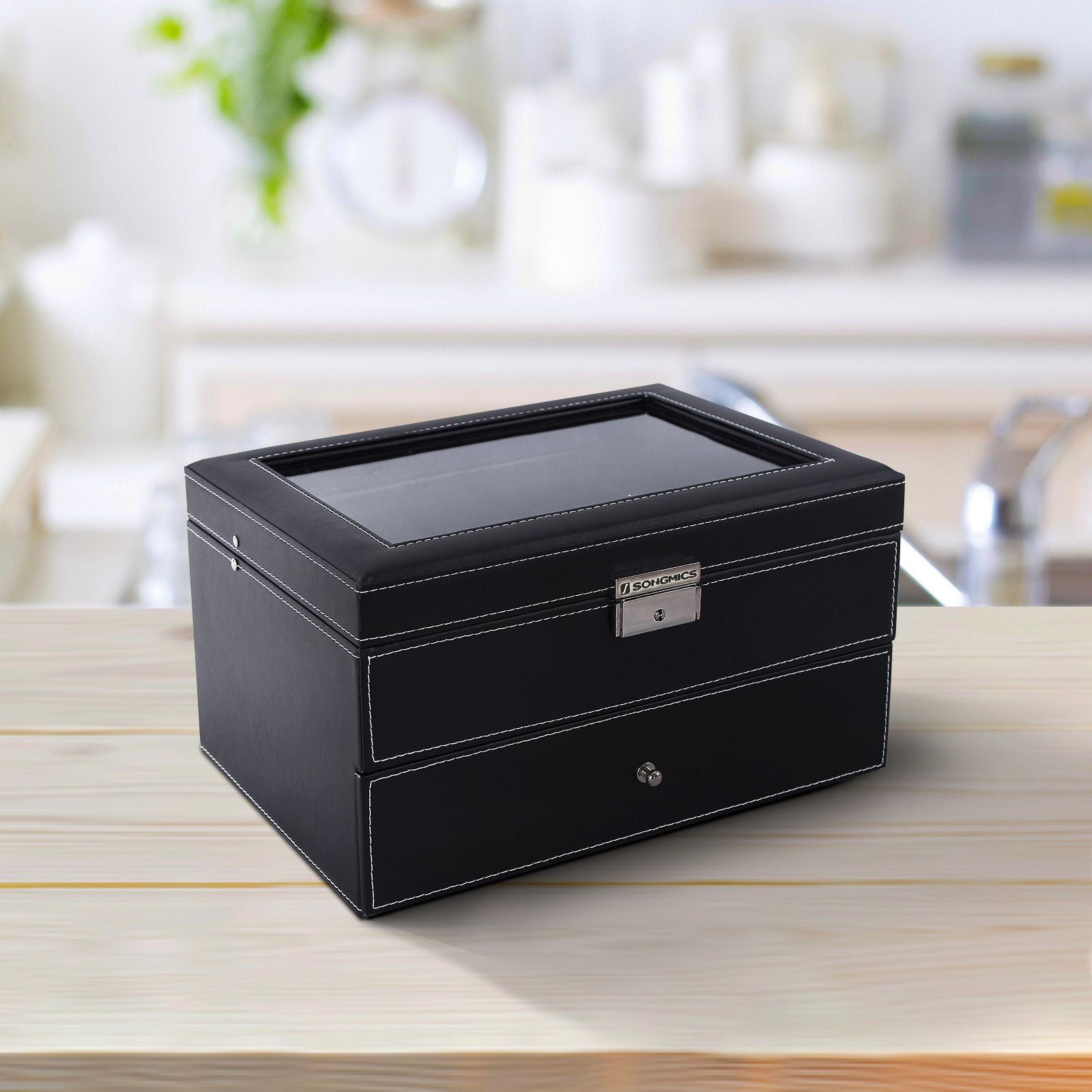 20-Slot Watch Box with Glass Lid - Black Synthetic Leather, Gray Lining