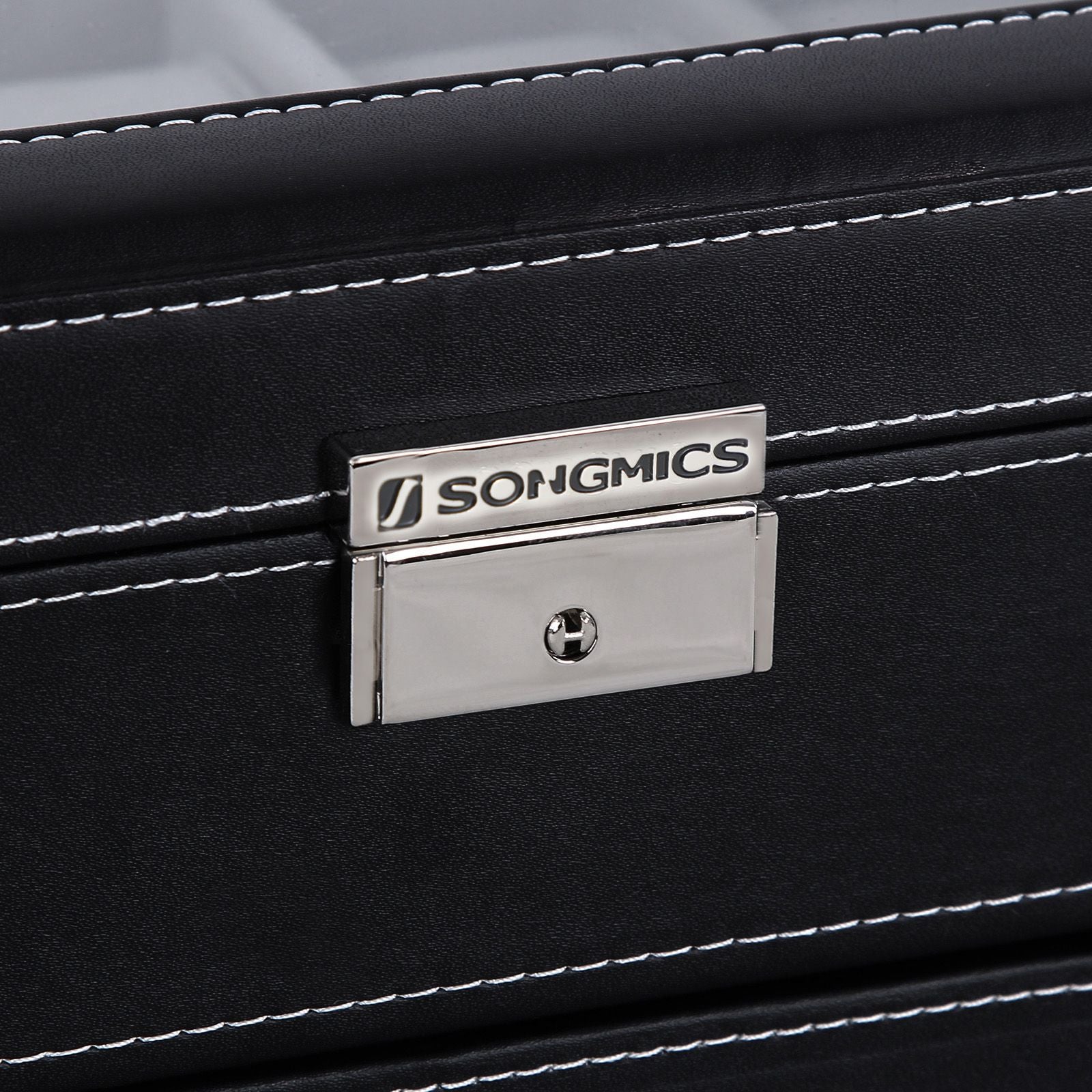 20-Slot Watch Box with Glass Lid - Black Synthetic Leather, Gray Lining