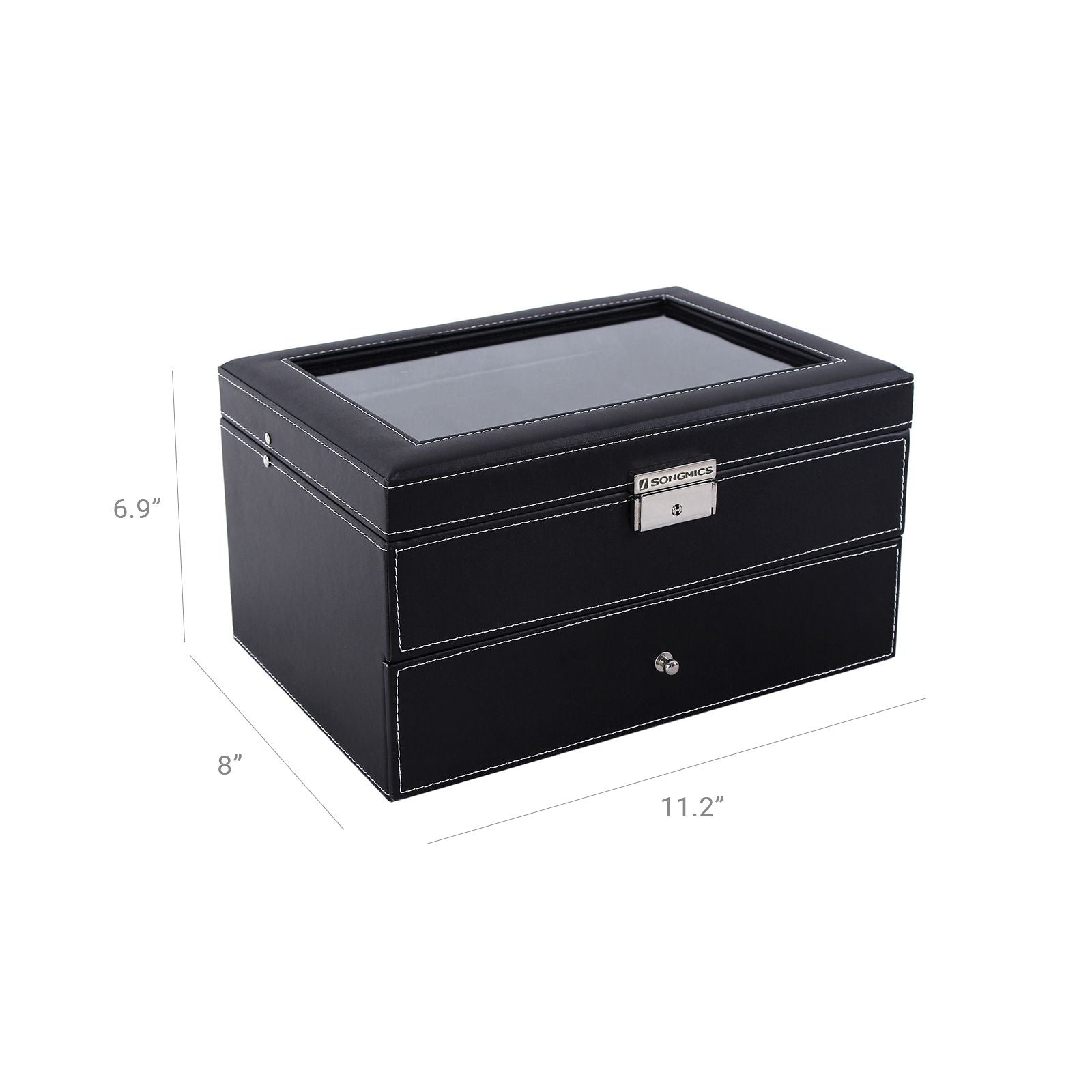 20-Slot Watch Box with Glass Lid - Black Synthetic Leather, Gray Lining