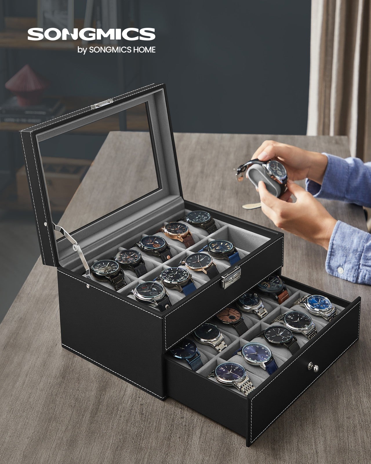 20-Slot Watch Box with Glass Lid - Black Synthetic Leather, Gray Lining