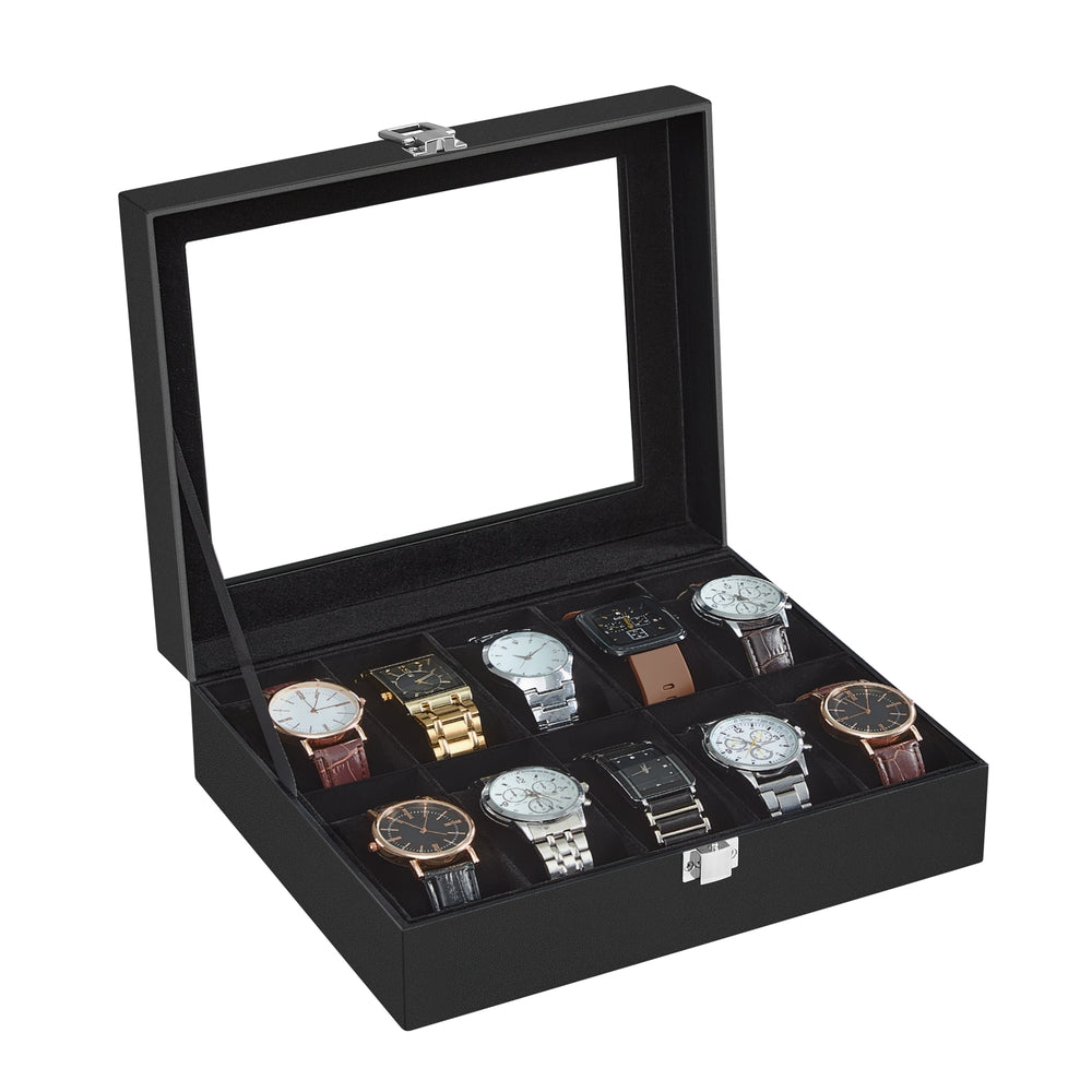 10-Slot Watch Case with Large Glass Lid - Black Synthetic Leather, Black Lining