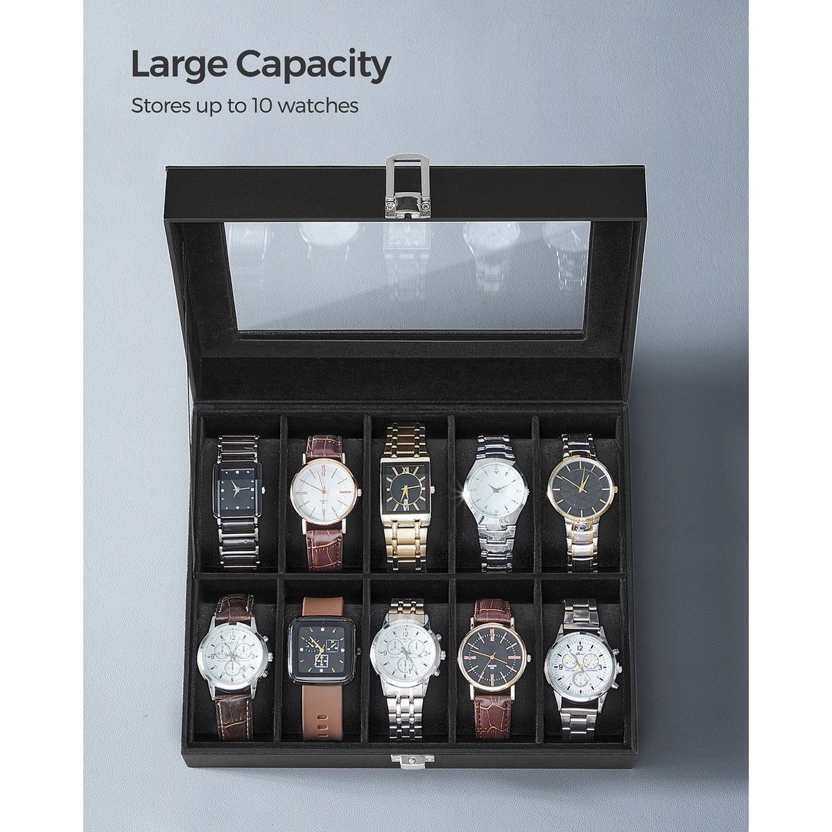 Watch Case - 10-Slot - Large Glass Lid - Velvet Lining