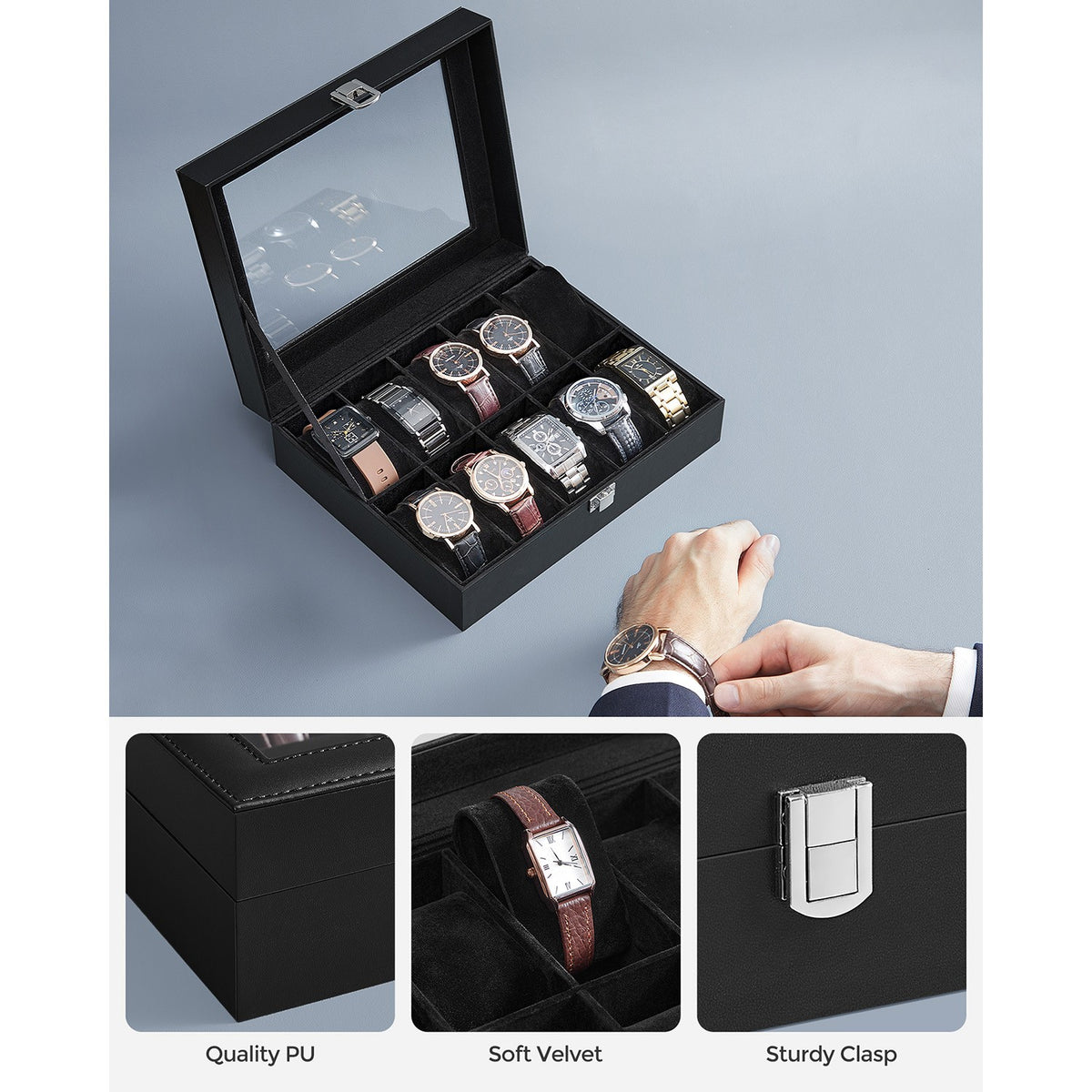 Watch Case - 10-Slot - Large Glass Lid - Velvet Lining