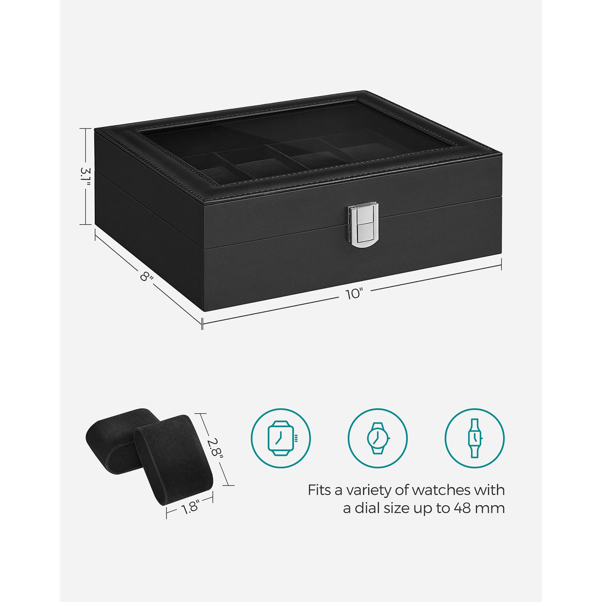 Watch Case - 10-Slot - Large Glass Lid - Velvet Lining