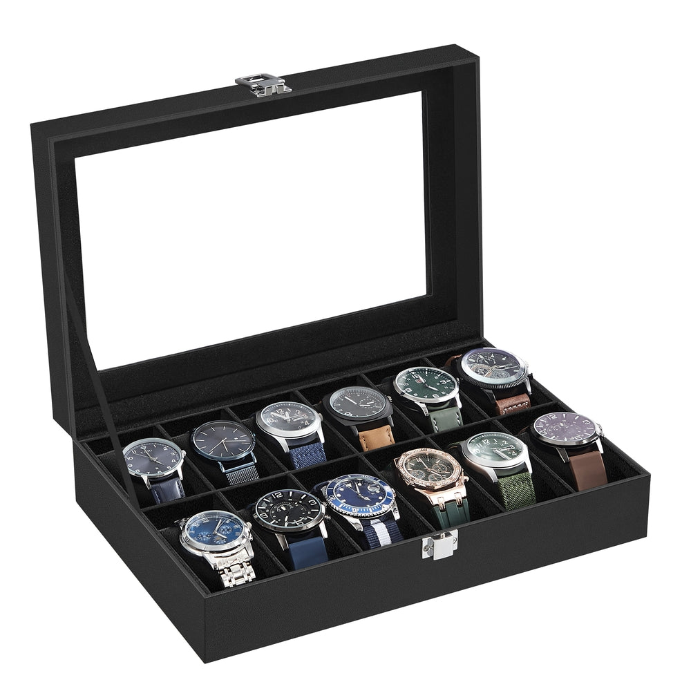 6-Slot Watch Case with Large Glass Lid - Black Synthetic Leather, Black Lining - 8”D x 11.9”W x 3.1”H