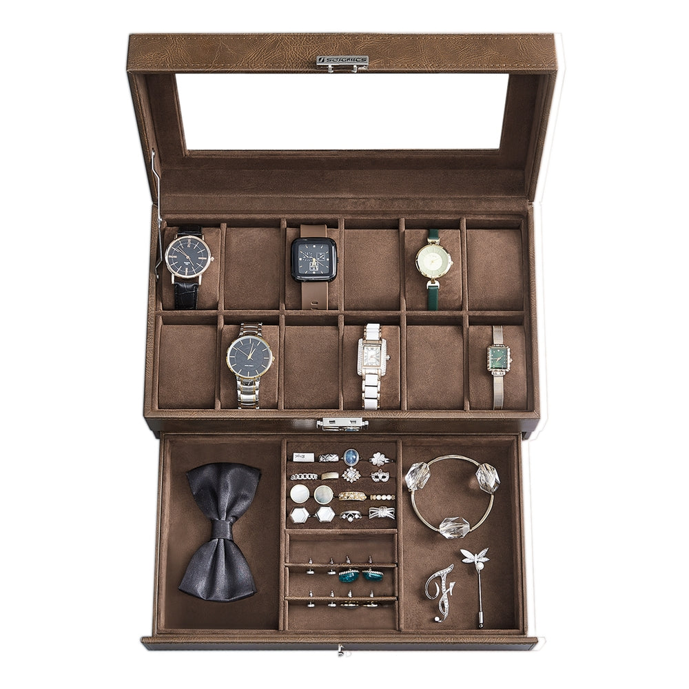 12-Slot Watch Box with Glass Lid - Brown Synthetic Leather, Brown Lining - 7.3”D x 12.8”W x 5.3”H