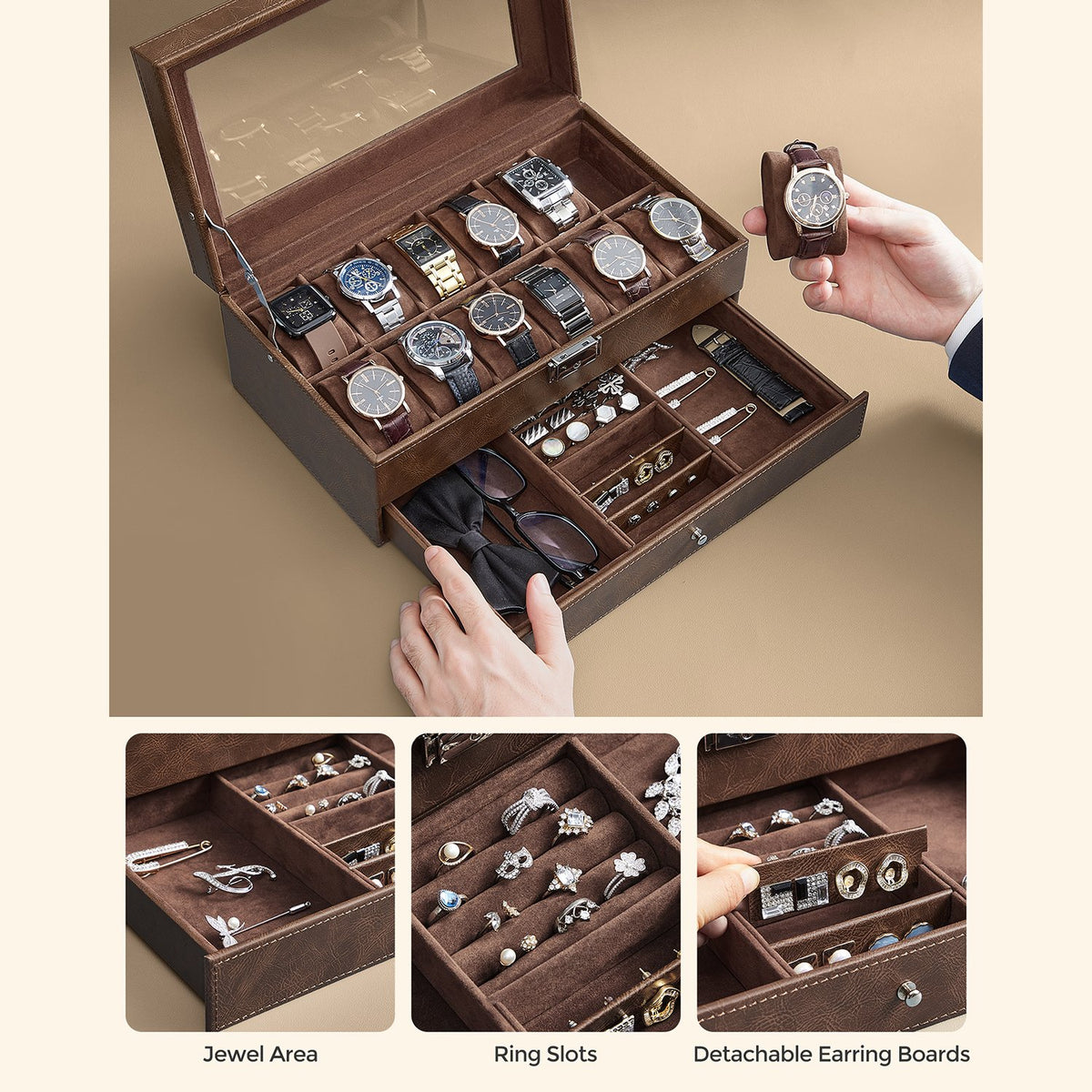 Watch Box - 12-Slot - Glass Lid