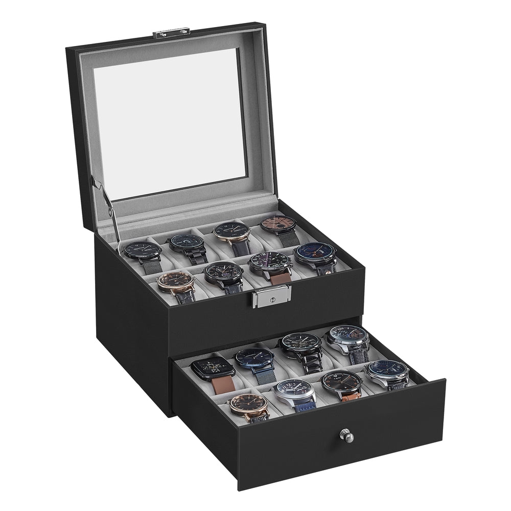 20-Slot Watch Box with Glass Lid - Black Synthetic Leather, Greenish Gray Lining - 8.1"D x 9"W x 6.5"H