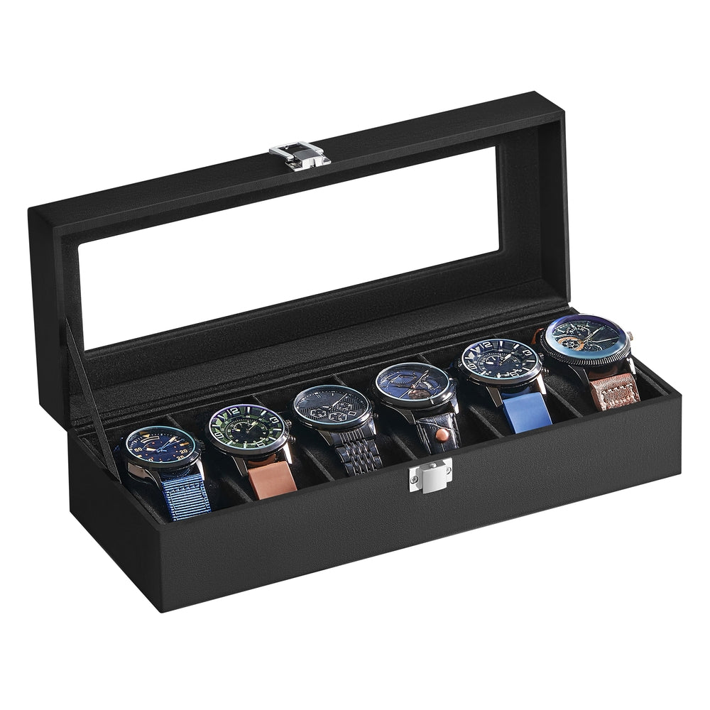 6-Slot Watch Case with Large Glass Lid - Black Synthetic Leather, Black Lining - 4.4”D x 11.9”W x 3.1”H