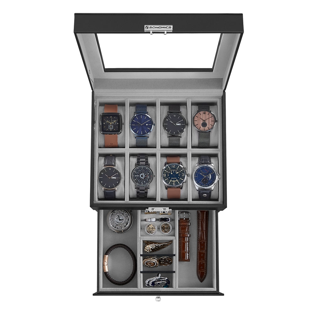 12-Slot Watch Box with Glass Lid - Black Synthetic Leather, Greenish Gray Lining - 7.3”D x 8.7”W x 5.3”H