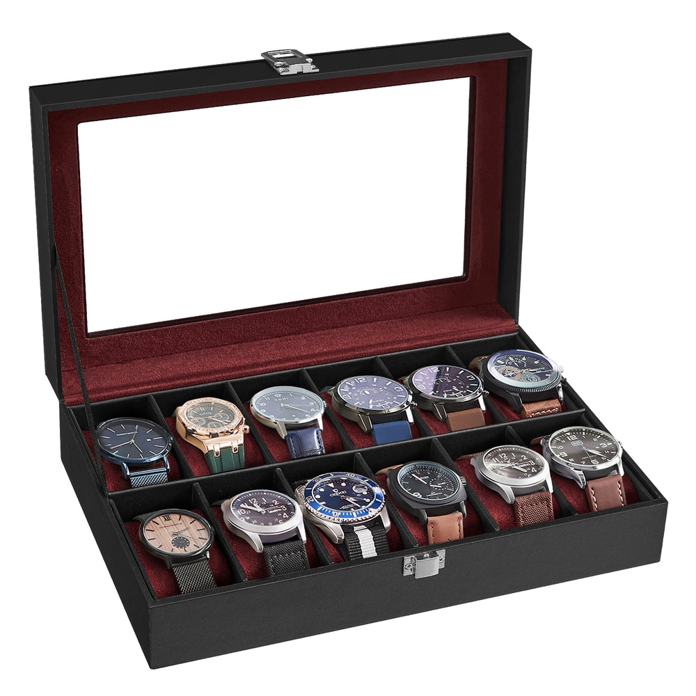 6-Slot Watch Case with Large Glass Lid - Black Synthetic Leather, Wine Red Lining - 8”D x 11.9”W x 3.1”H
