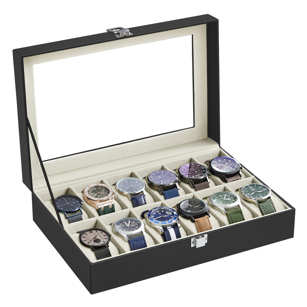 6-Slot Watch Case with Large Glass Lid - Black Synthetic Leather, Greenish Beige Lining - 8”D x 11.9”W x 3.1”H