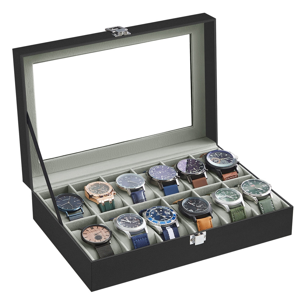 6-Slot Watch Case with Large Glass Lid - Black Synthetic Leather, Gray Lining - 8”D x 11.9”W x 3.1”H