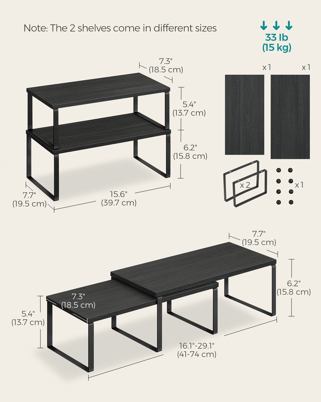 Set of 2 Kitchen Counter Shelves - Ink Black, Ebony Black