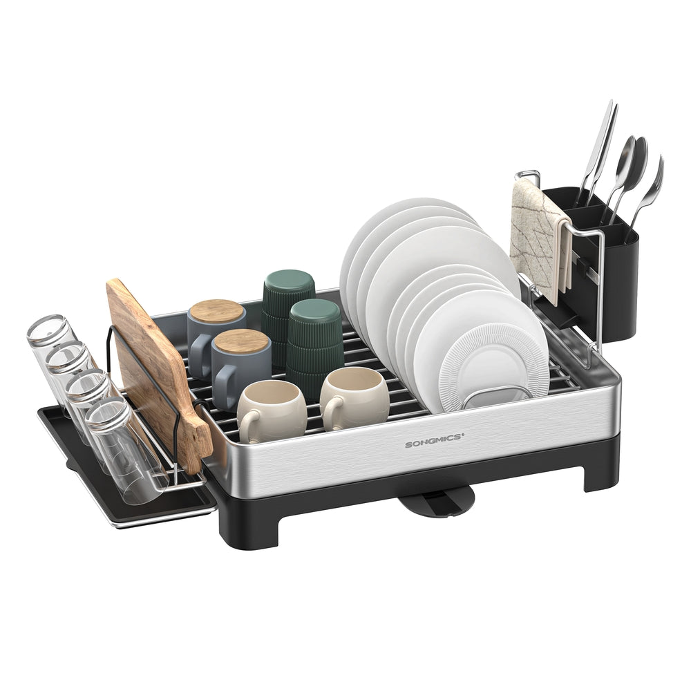 Premium Stainless Steel Dish Rack with Rotatable Spout - Silver, Black