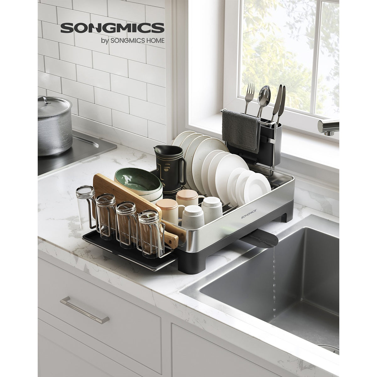 Premium Stainless Steel Dish Rack with Rotatable Spout - Silver, Black