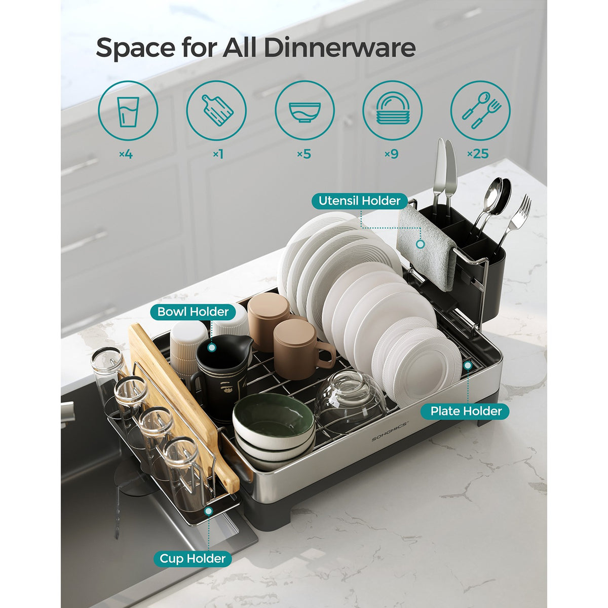Premium Stainless Steel Dish Rack with Rotatable Spout - Silver, Black