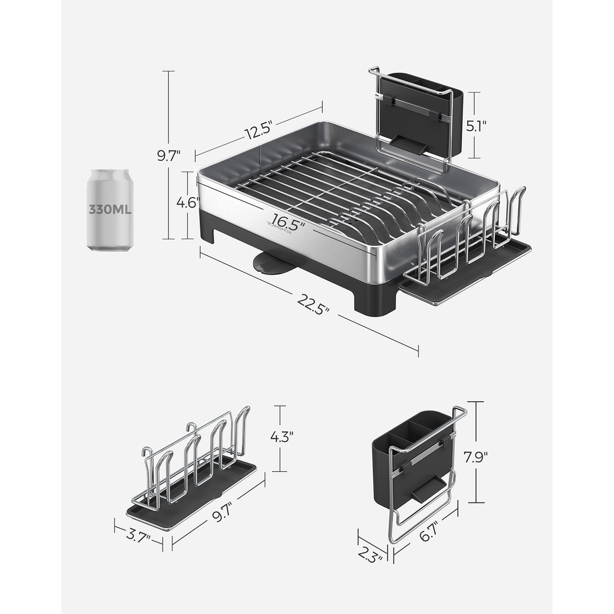 Premium Stainless Steel Dish Rack with Rotatable Spout - Silver, Black