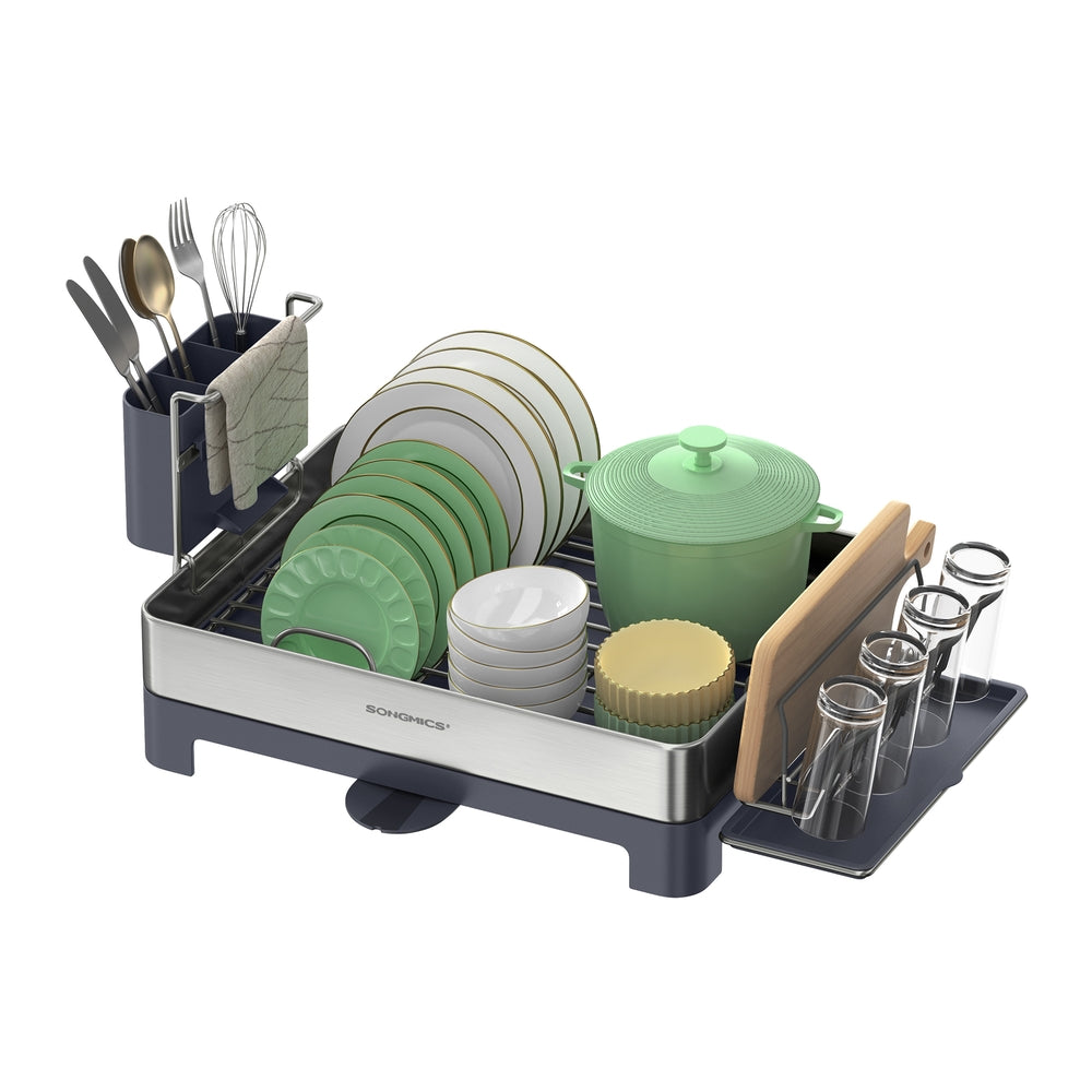 Premium Stainless Steel Dish Rack with Rotatable Spout - Silver, Gray
