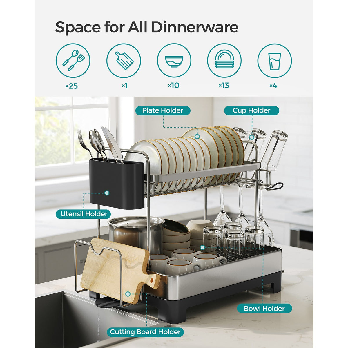2 Tier Dish Rack for Kitchen Counter with Rotatable and Extendable Drain Spout - Silver, Black