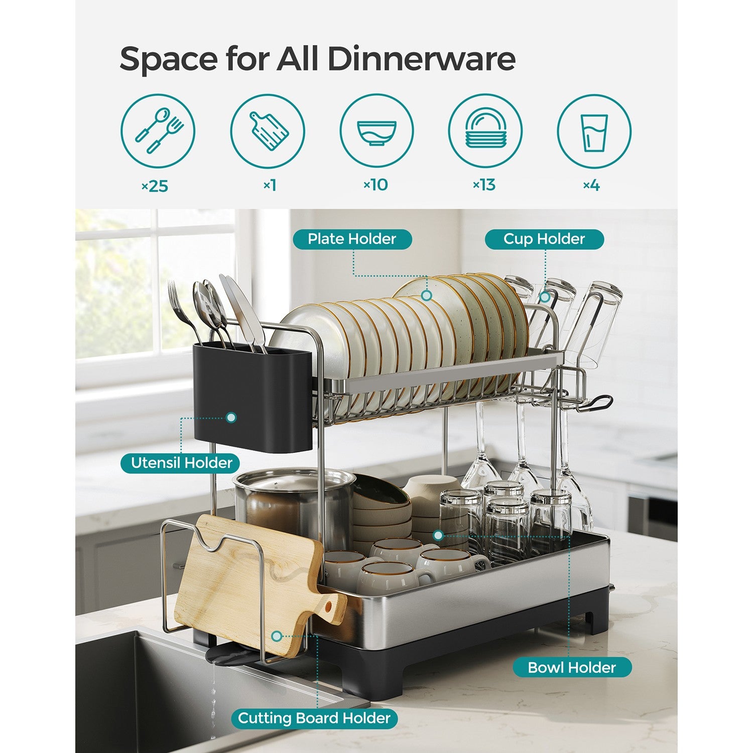 2 Tier Dish Rack for Kitchen Counter with Rotatable and Extendable Drain Spout - Silver, Black
