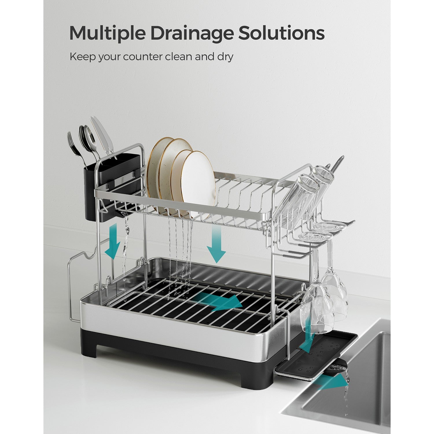 2 Tier Dish Rack for Kitchen Counter with Rotatable and Extendable Drain Spout - Silver, Black
