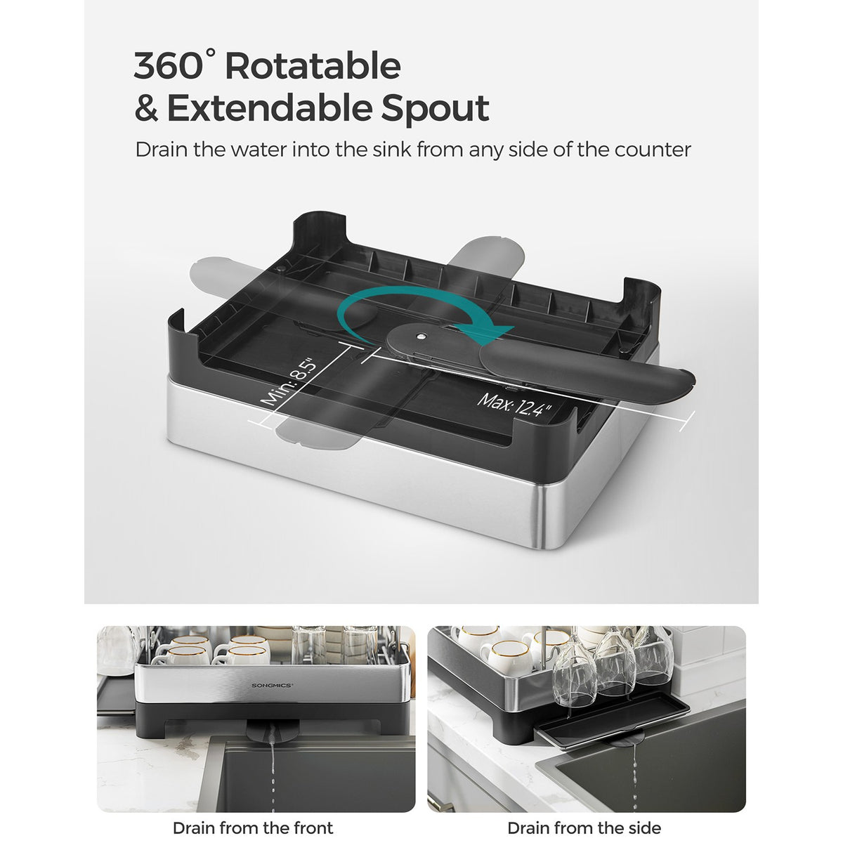 2 Tier Dish Rack for Kitchen Counter with Rotatable and Extendable Drain Spout - Silver, Black