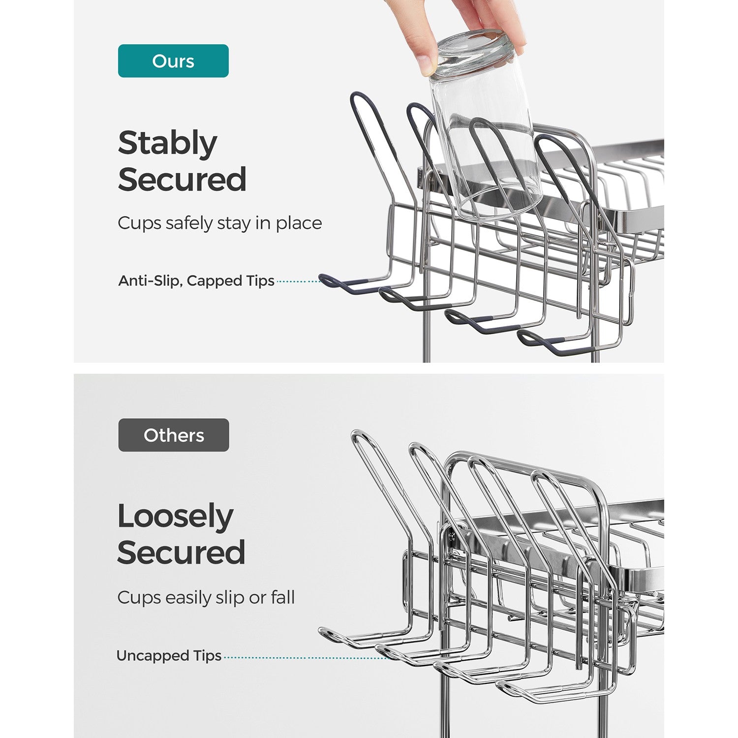 2 Tier Dish Rack for Kitchen Counter with Rotatable and Extendable Drain Spout - Silver, Black