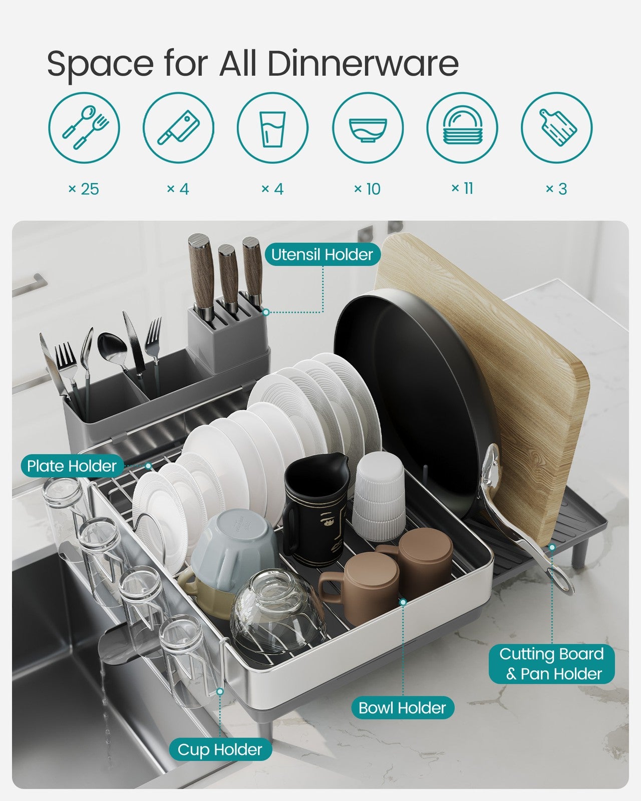 Expandable Dish Drying Rack for Kitchen Counter - Silver, Gray