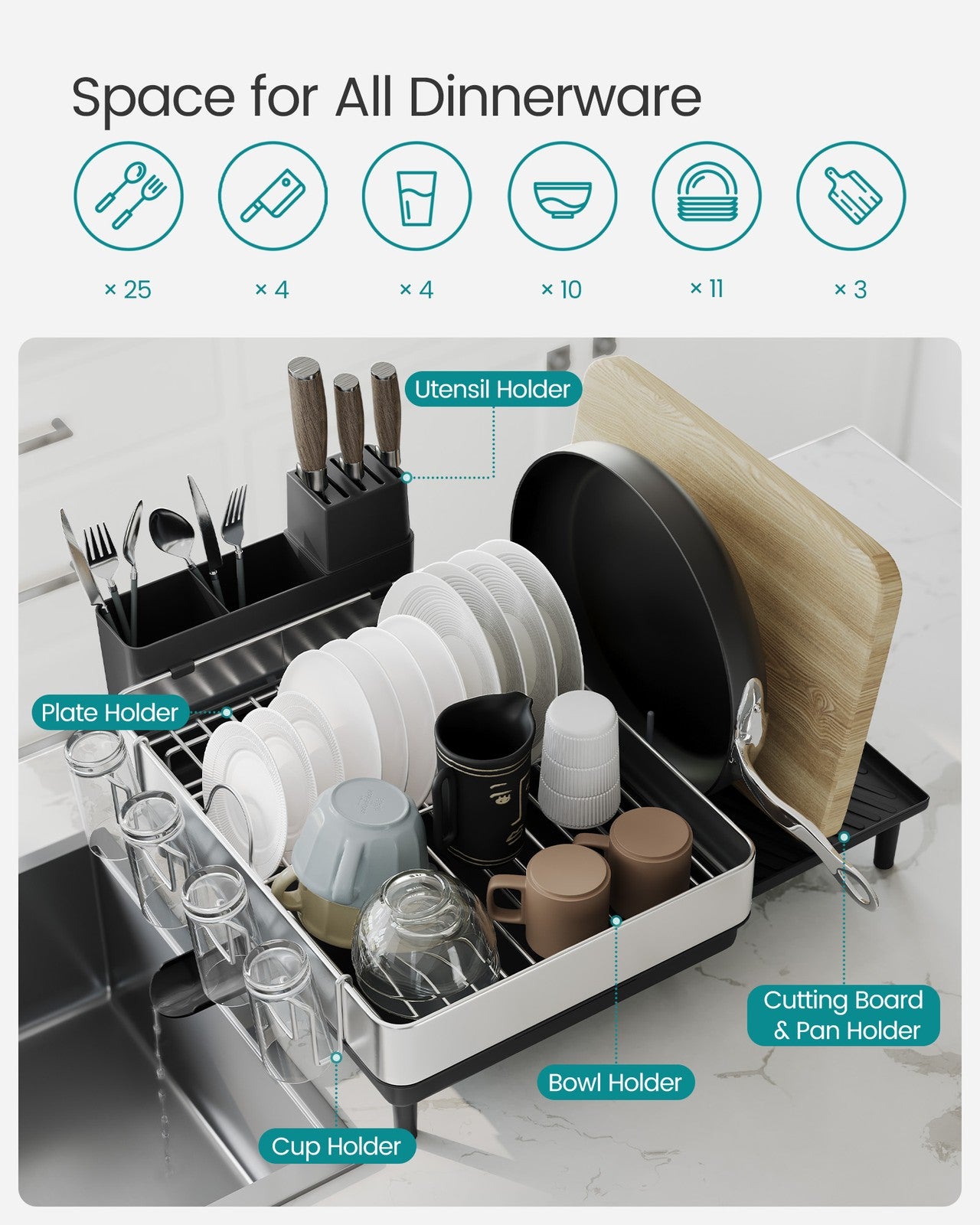 Expandable Dish Drying Rack for Kitchen Counter - Silver, Gray