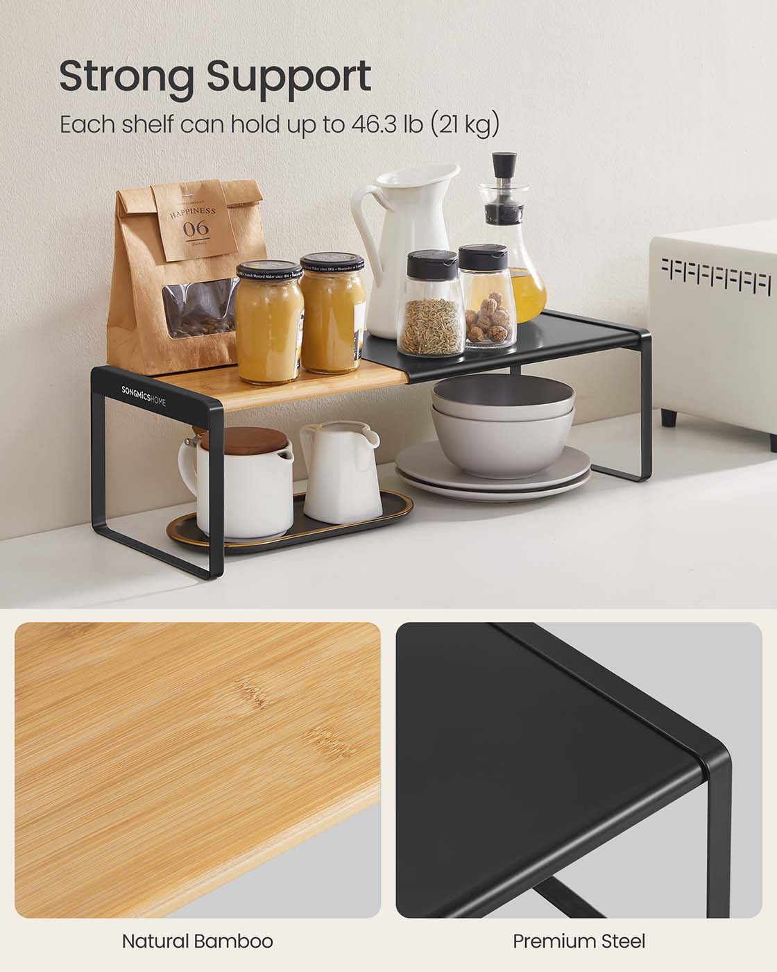 Expandable Cupboard Shelf Orgnizers - Natural Beige, Ink Black