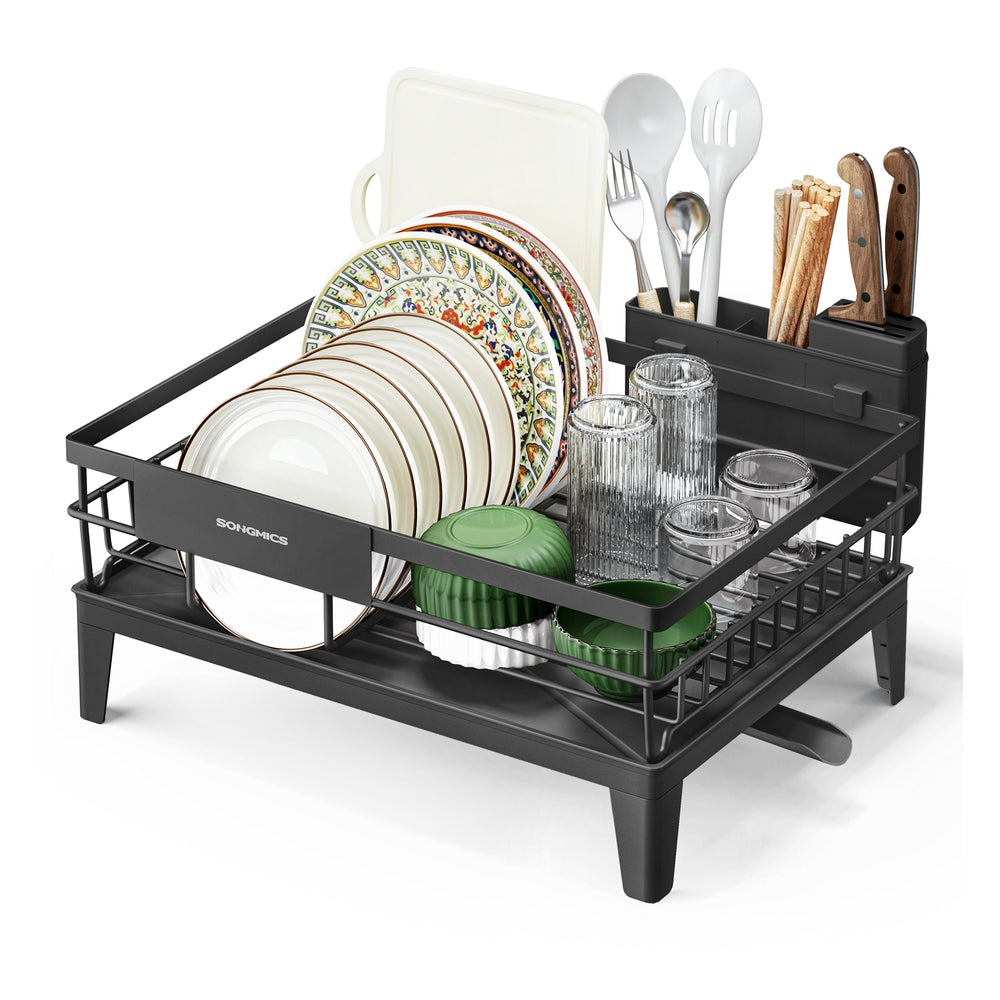Dish Drying Rack - Kitchen Dish Rack - with Drainboard - 360° Rotatable and Extendable Spout Dove Gray - Ink Black