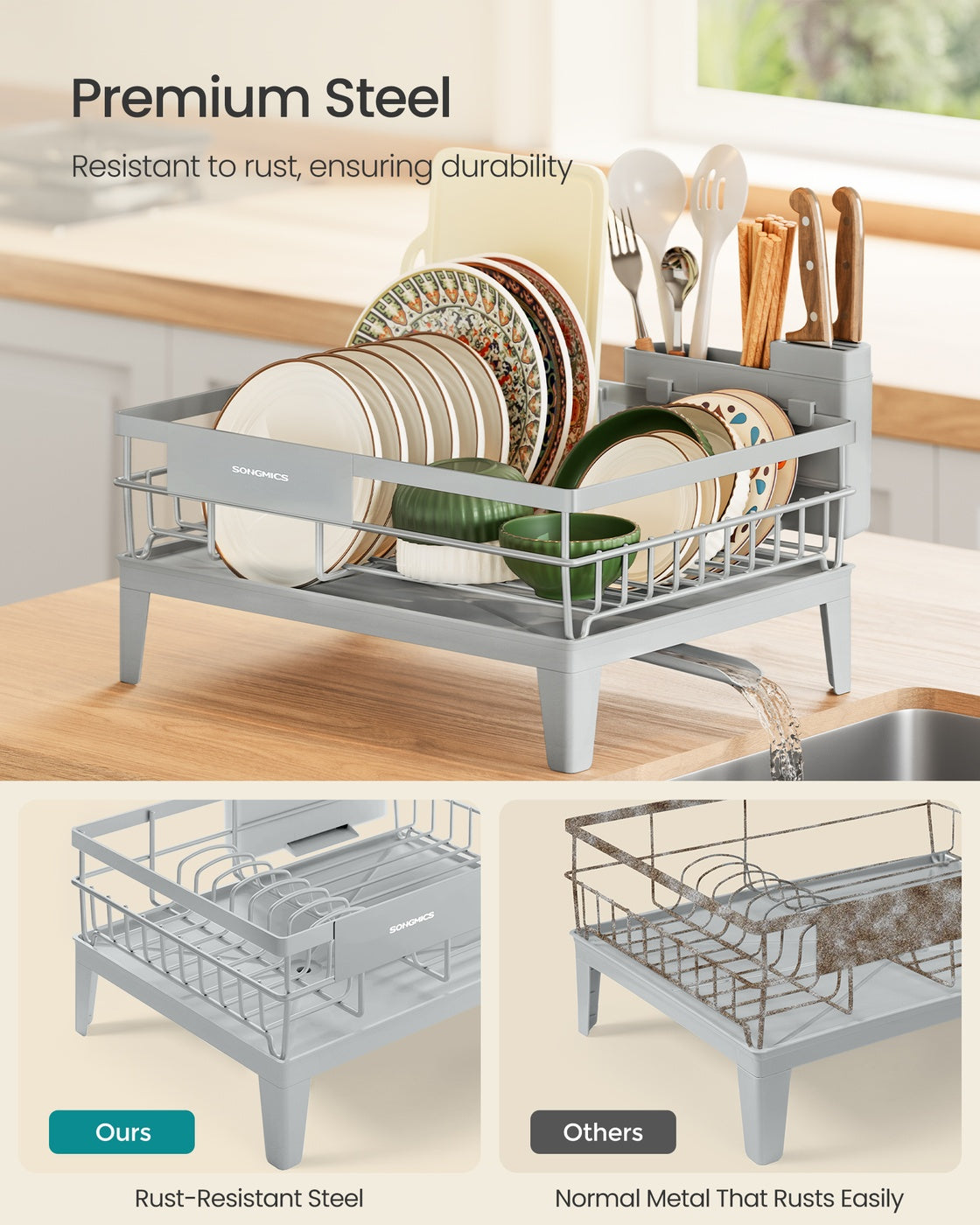 Dish Drying Rack - Kitchen Dish Rack - with Drainboard - 360° Rotatable and Extendable Spout Dove Gray - Dove Gray